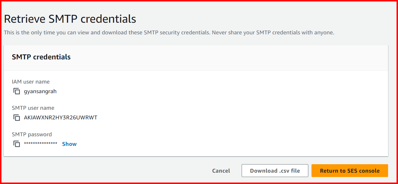 Picture showing the SMTP credentails created using the SES